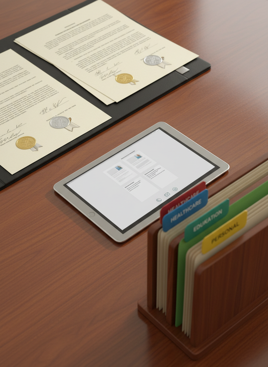 A close-up, photographic realistic view of a polished wooden table divided visually into two halves by a subtle diagonal light. On one side, a stack of formal-looking business and legal documents with geometric seals and signatures represented as simple shapes; on the other, organized folders labeled with color‑coded tabs hinting at different service categories like healthcare, education, marketing, and personal documents. A tablet in the center shows a clean, minimalist interface with abstract bilingual document previews and a small contact icon bar. Soft studio lighting highlights the textures of paper and wood, creating a clear, organized, and trustworthy mood, captured from a slightly elevated angle with balanced composition and shallow depth of field.